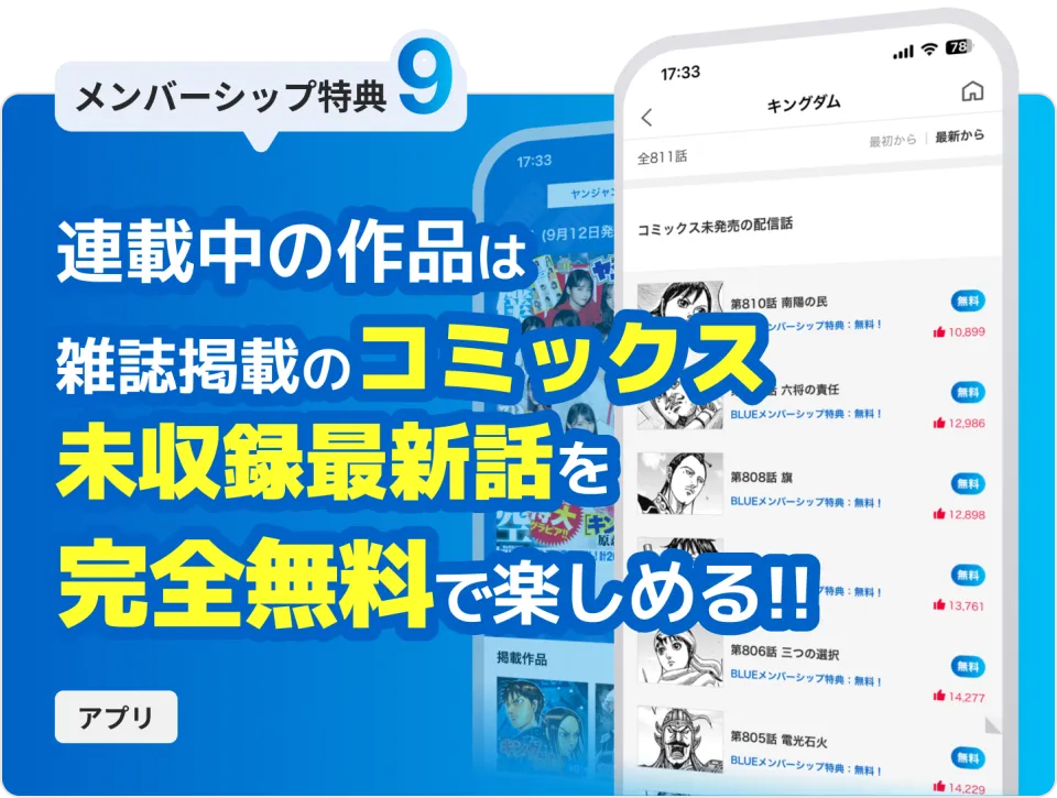 メンバーシップ特典9: 連載中作品の雑誌掲載コミックス未収録の最新話を完全無料で楽しめる